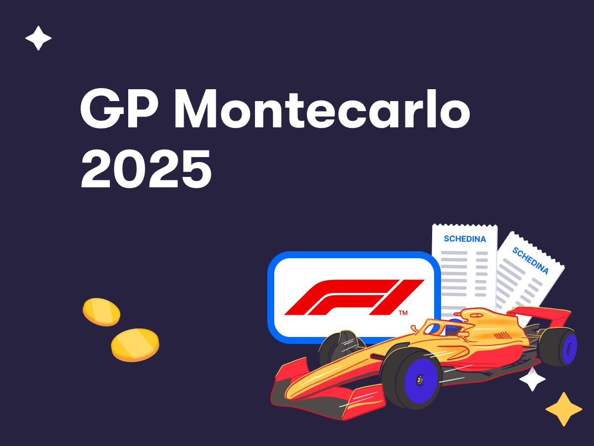 GP di Montecarlo 2025, il logo della Formula 1, un'auto da corsa e delle schedine scommesse