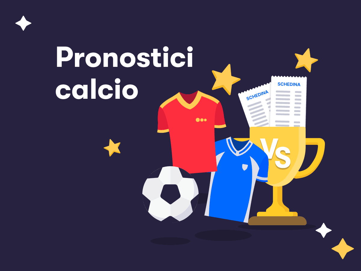 Pronostici scommesse calcio, delle magliette e un pallone da calcio, due schedine in un trofeo, delle stelline