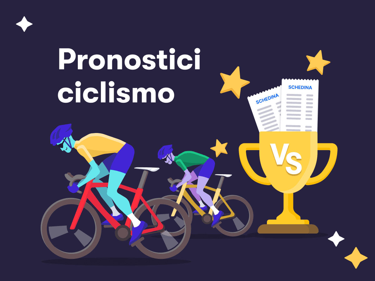 Pronostici scommesse ciclismo, due ciclisti in gara, due schedine in un trofeo, delle stelline