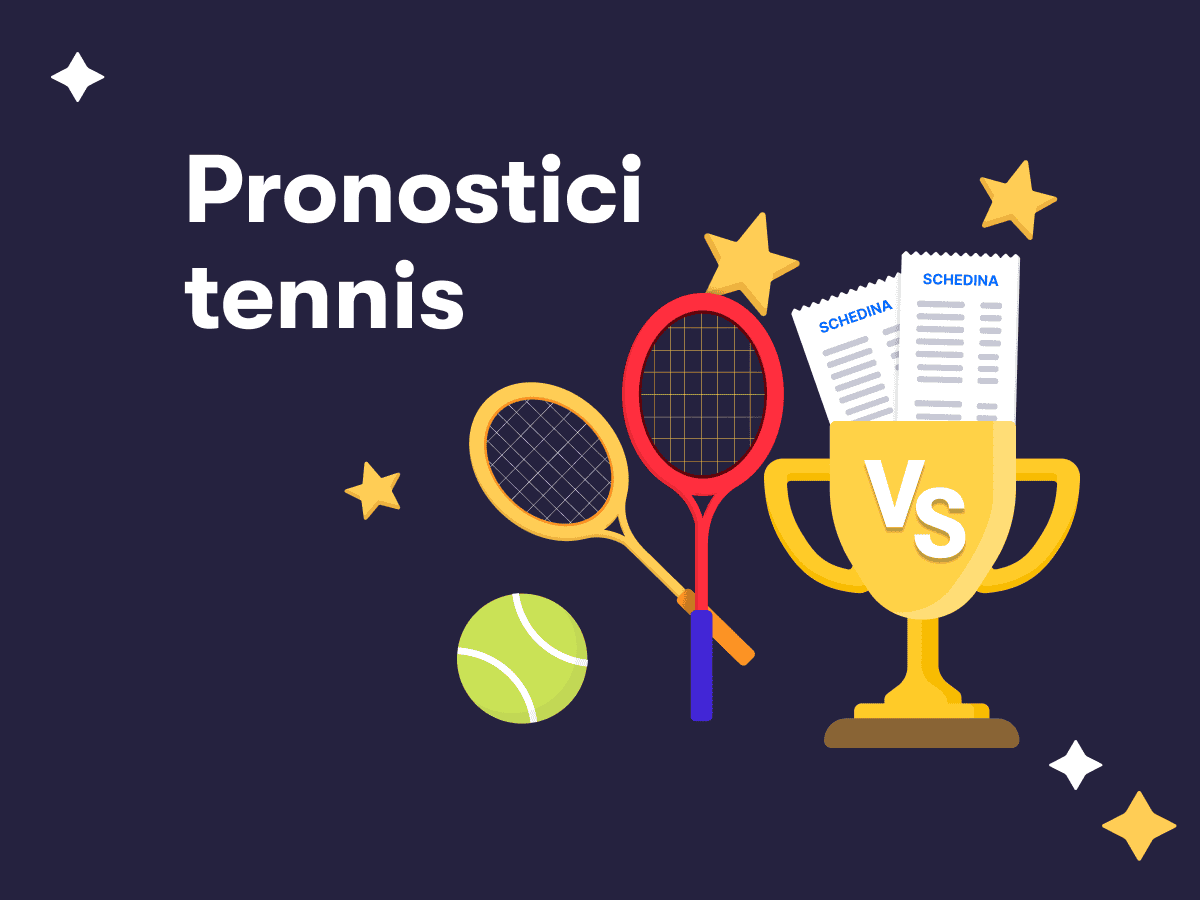 Pronostici scommesse tennis, delle racchette e una pallina da tennis, due schedine in un trofeo, delle stelline