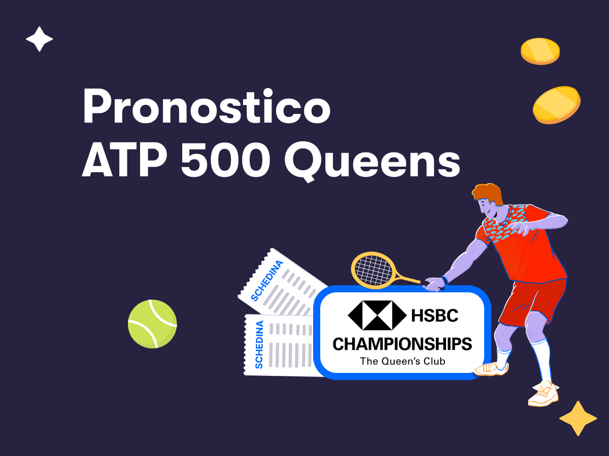 Pronostico ATP 500 Queens, una pallina, il logo e un tennista in azione