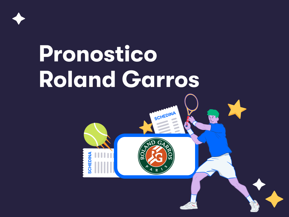 Pronostico Roland Garros, due schedine scommesse, un tennista in azione, il logo degli Open di Francia