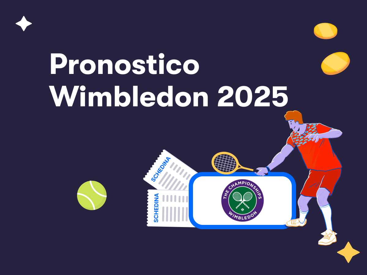 Pronostico Wimbledon 2025, il logo, due schedine scommesse e un tennista