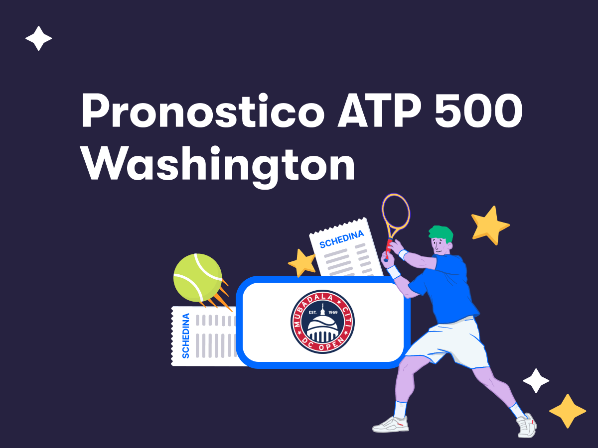 Pronostico ATP 500 Washington, un tennista in azione, una pallina da tennis e il logo del Washington Open