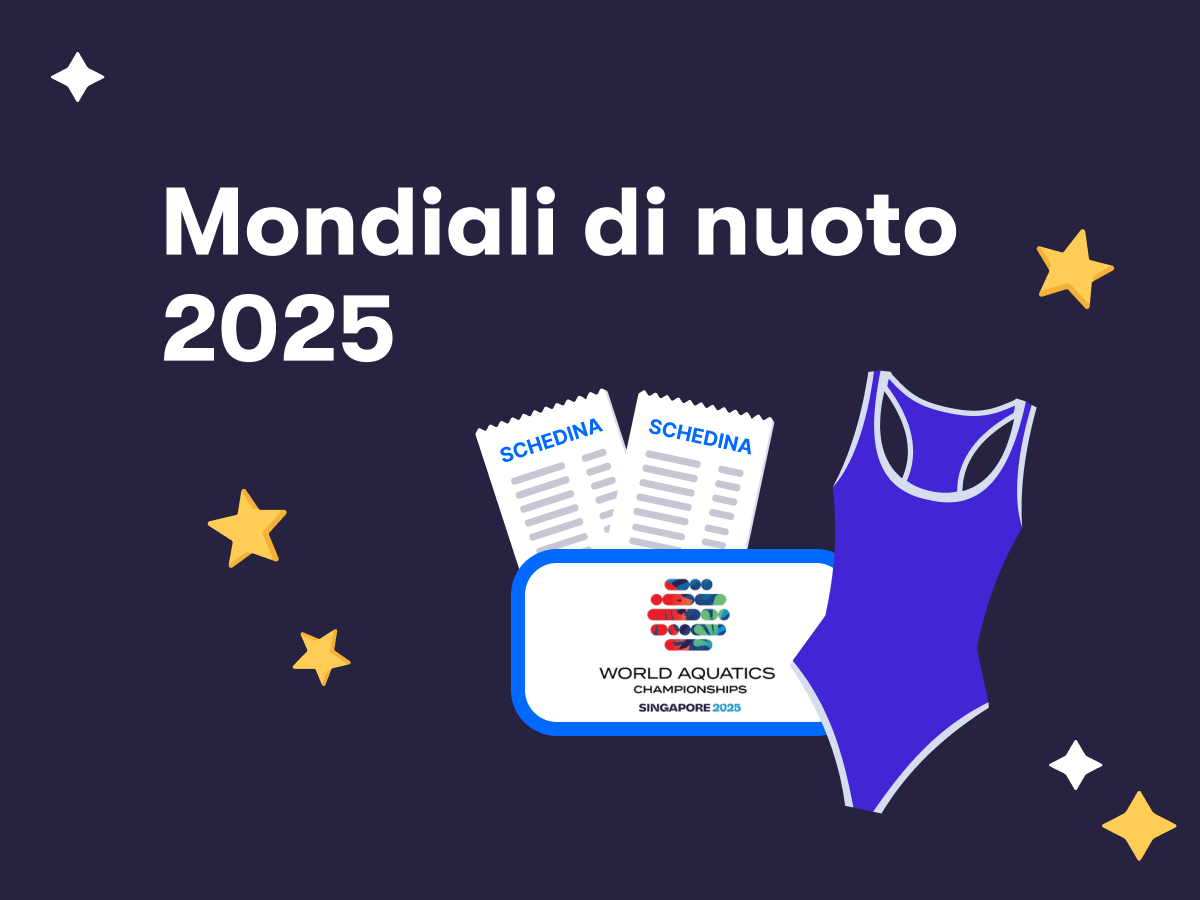 Mondiali di nuoto 2025, due schedine scommesse, un costume da nuoto e il logo di World Aquatics Championships Singapore 2025