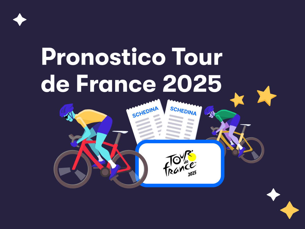Pronostico Tour de France 2025, due ciclisti in azione, due schedine scommesse e il logo del Tour de France 2025