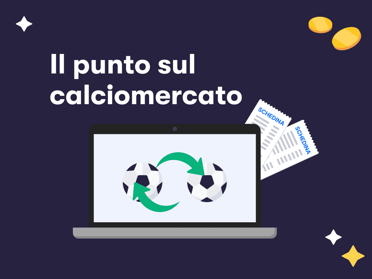 Il punto sul calciomercato, due schedine, due palloni con due frecce sullo schermo di un laptop, due fiche