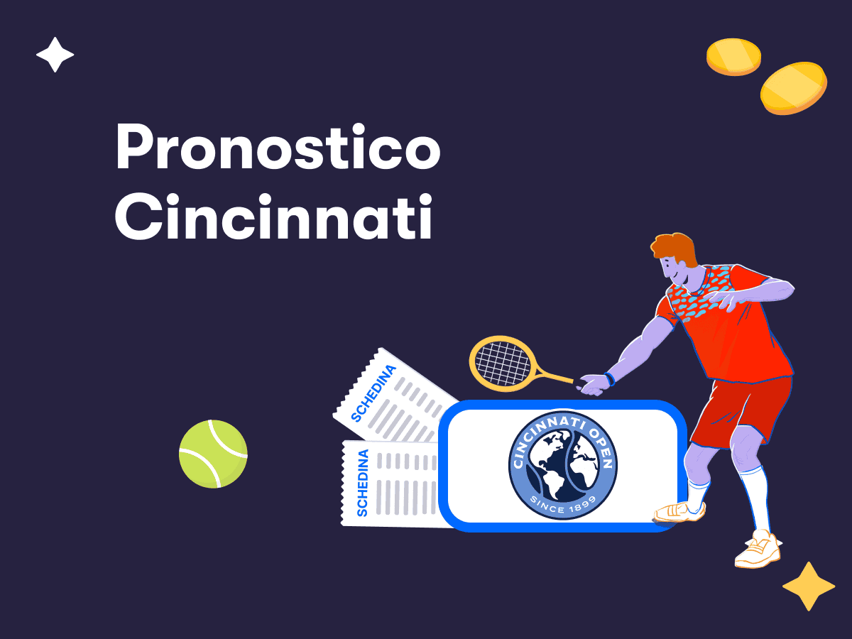 Pronostico Cincinnati, il logo dell'ATP 1000 Cincinnati Open, un tennista in azione e due schedine scommesse