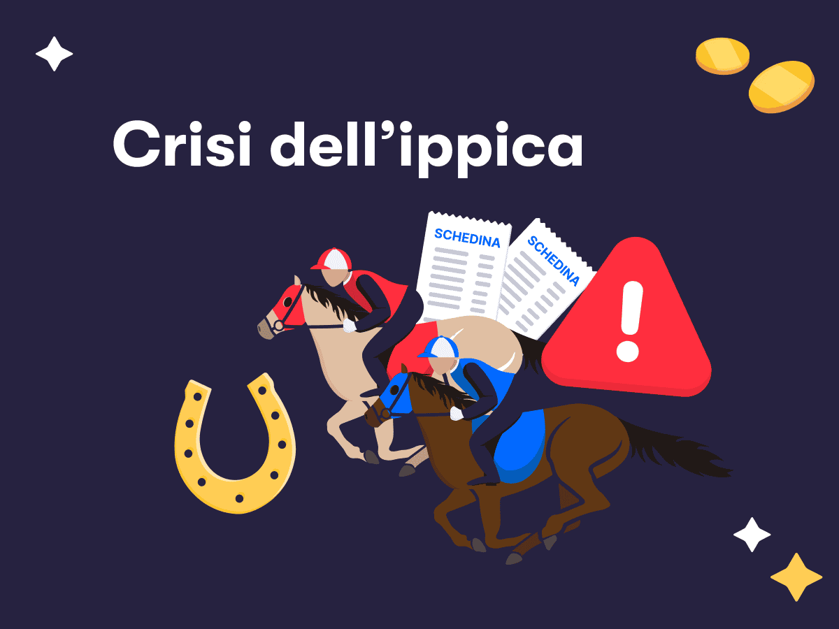Crisi dell'ippica, un ferro di cavallo, due cavalli con fantini in azione, due schedine scommesse e un cartello con un punto esclamativo