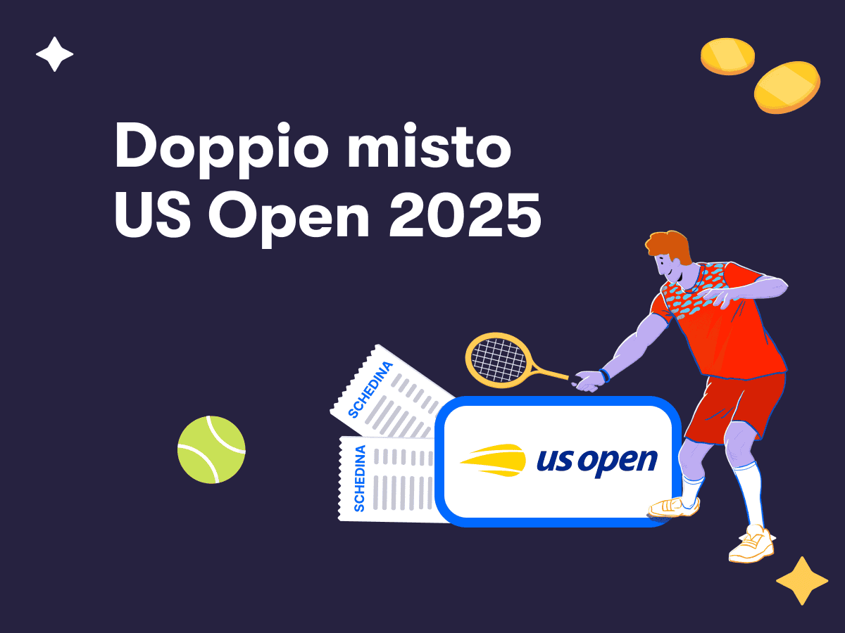 Doppio misto US Open 2025, un tennista in azione, due schedine scommesse e il logo dello US Open