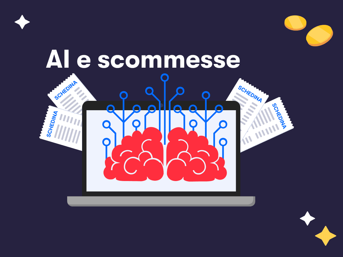 AI e scommesse, un laptop con un cervello, delle schedine scommesse