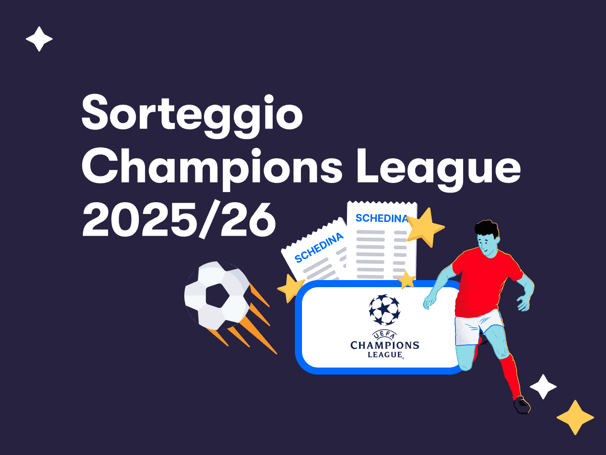 Sorteggio Champions League 2025/26, un calciatore in azione, due schedine scommesse e il logo della Champions League