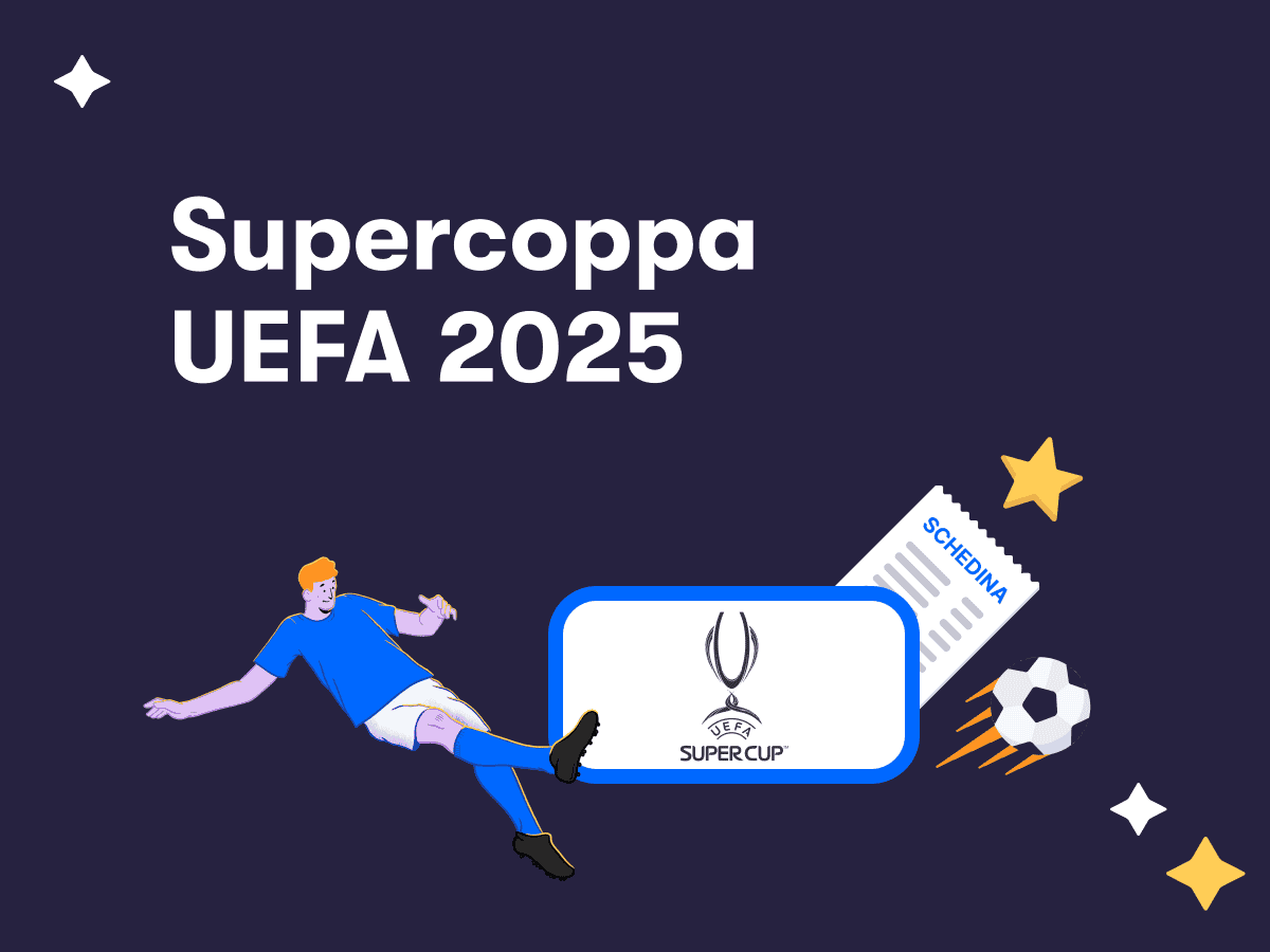 Un calciatore in azione, il logo della Supercoppa Europea, una schedina