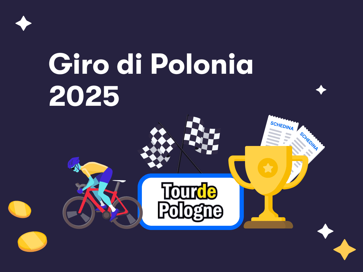 Giro di Polonia 2025, il logo del Tour de Pologne, un ciclista in azione e una coppa