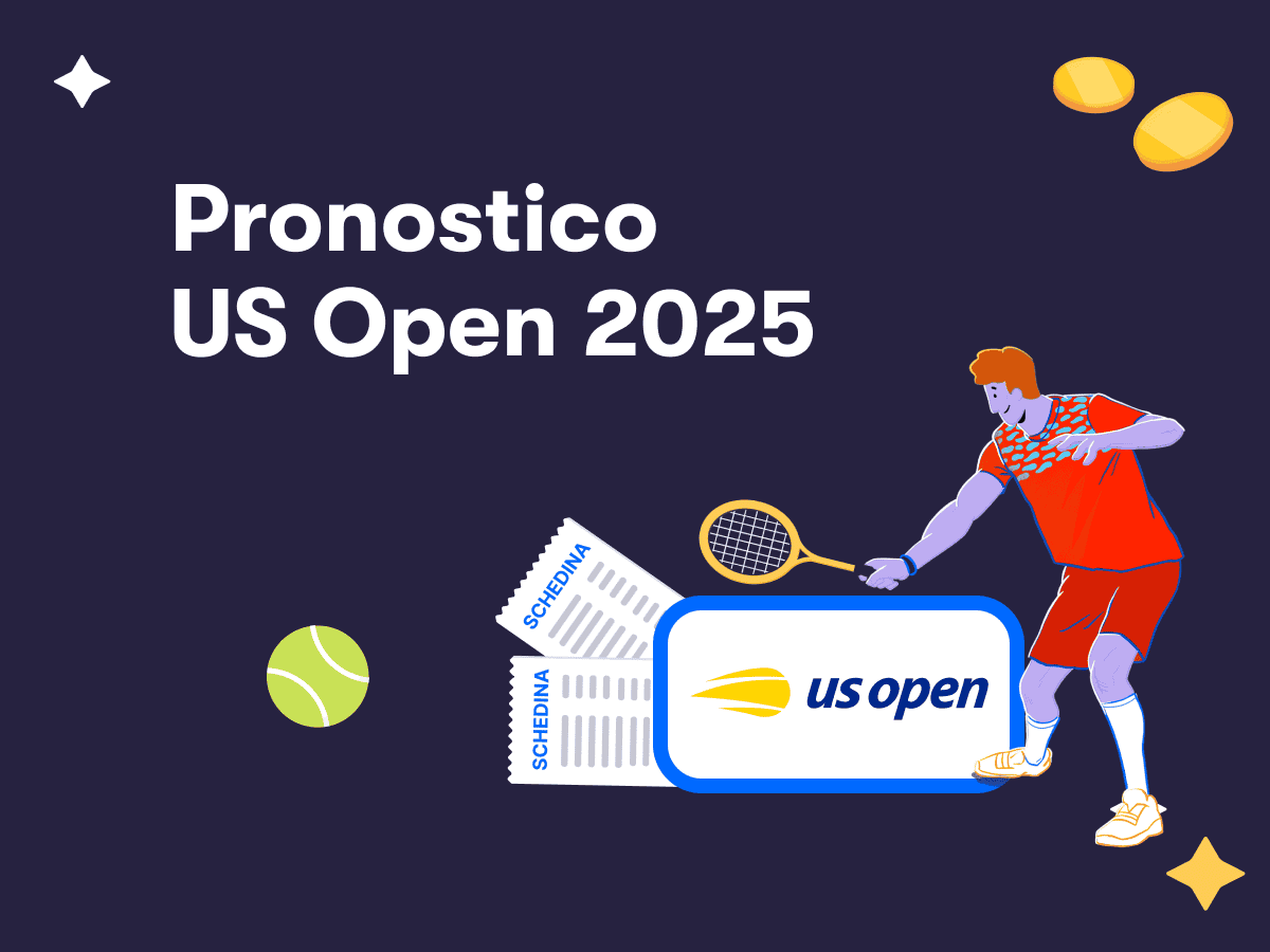 Pronostico US Open 2025, due schedine scommesse, un tennista in azione, il logo dello US Open