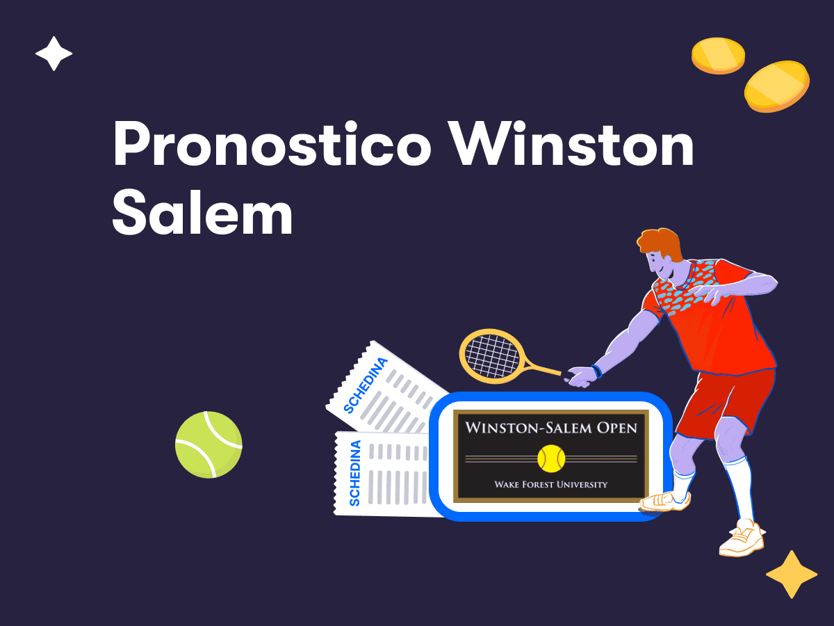 Pronostico Winston Salem, un tennista in azione, due schedine scommesse, il logo del torneo ATP 250 Winston Salem Open