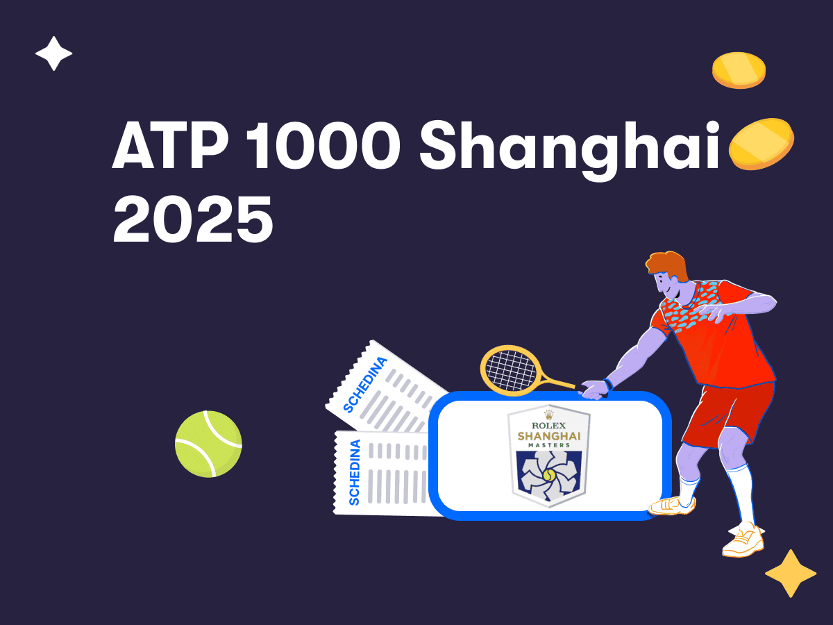 ATP 1000 Shanghai 2025, un tennista in azione, il logo del Masters di Shanghai e due schedine scommesse