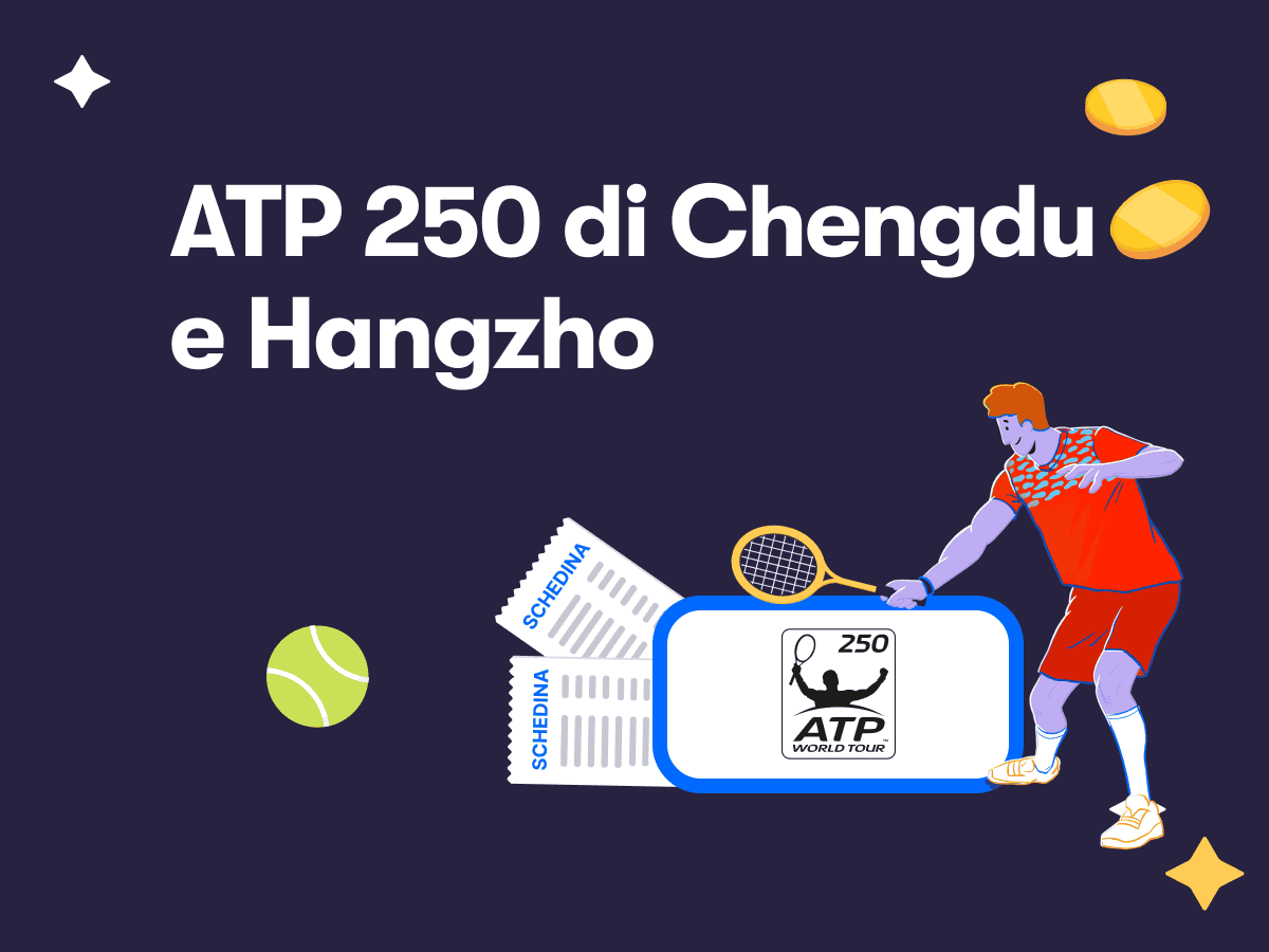 ATP 250 di Chengdu e Hangzhou, 2025, un tennista in azione, il logo dell'ATP Tour 250 e due schedine scommesse
