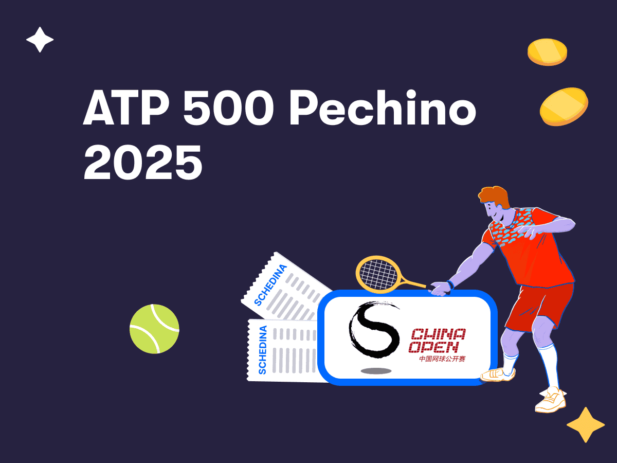 ATP 500 Pechino 2025, un tennista in azione, il logo del China Open e due schedine scommesse