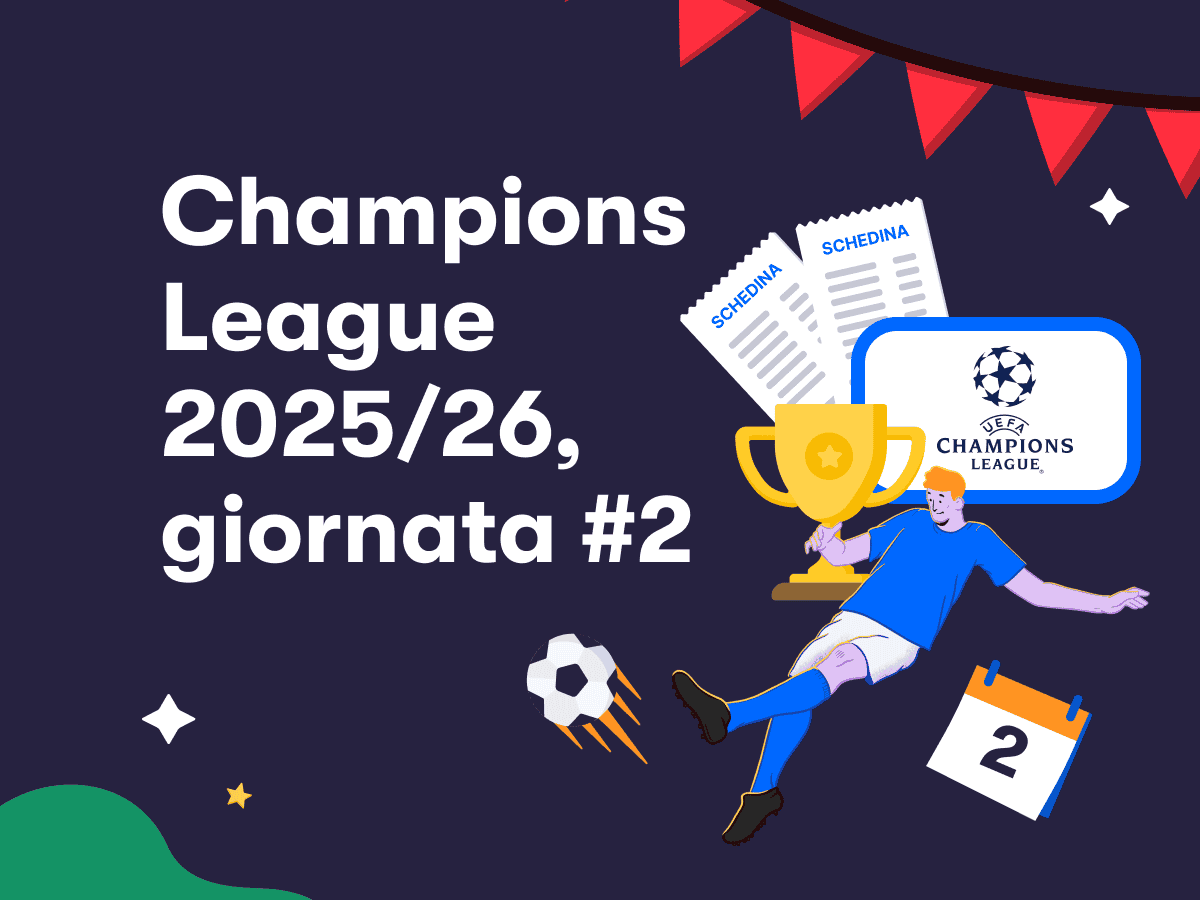 Champions League 2025/26, giornata #2, un calciatore in azione, una coppa, due schedine e il logo della Champions League