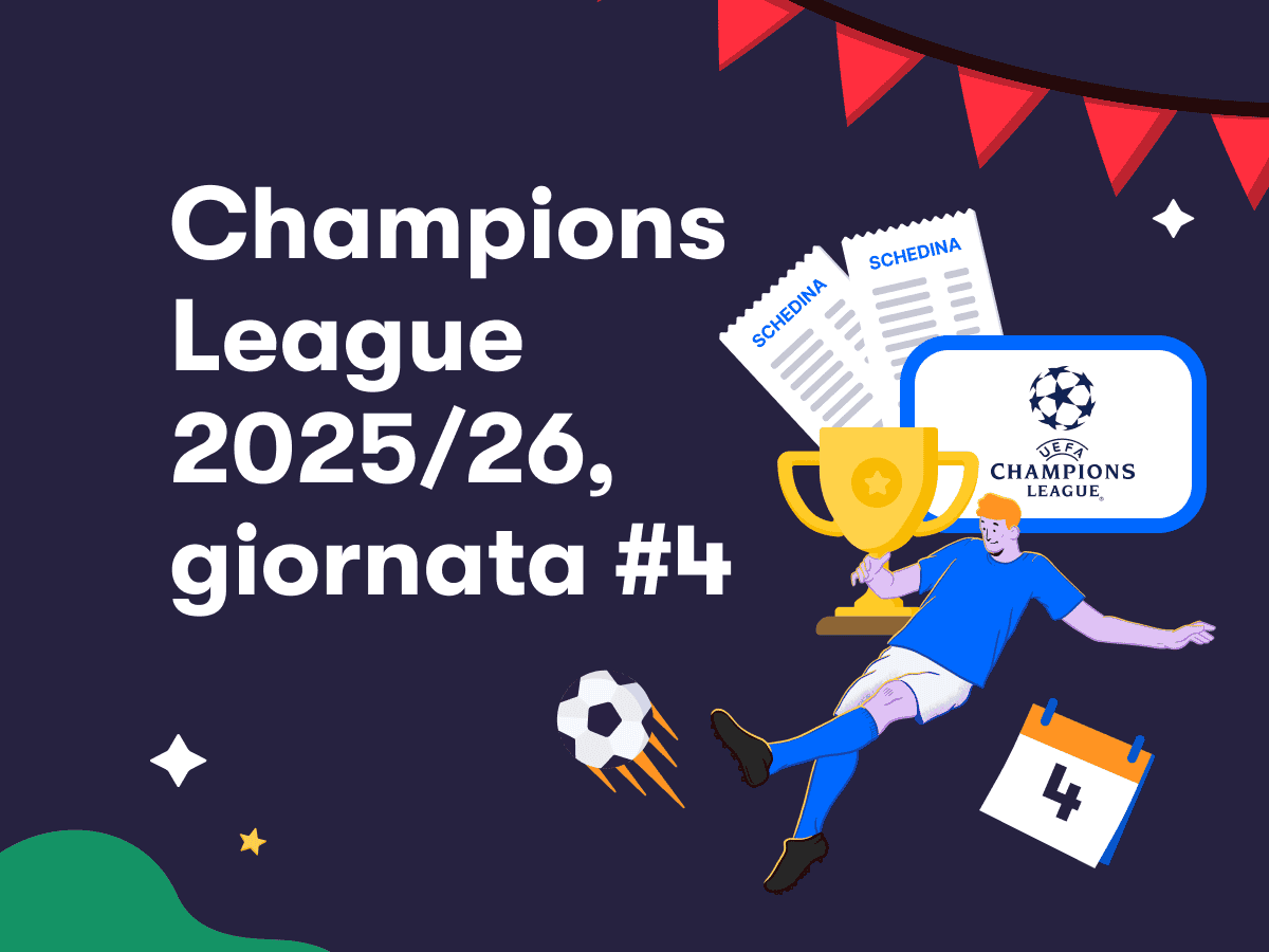 Champions League 2025/26, giornata #4, un calciatore in azione, una coppa, due schedine e il logo della Champions League
