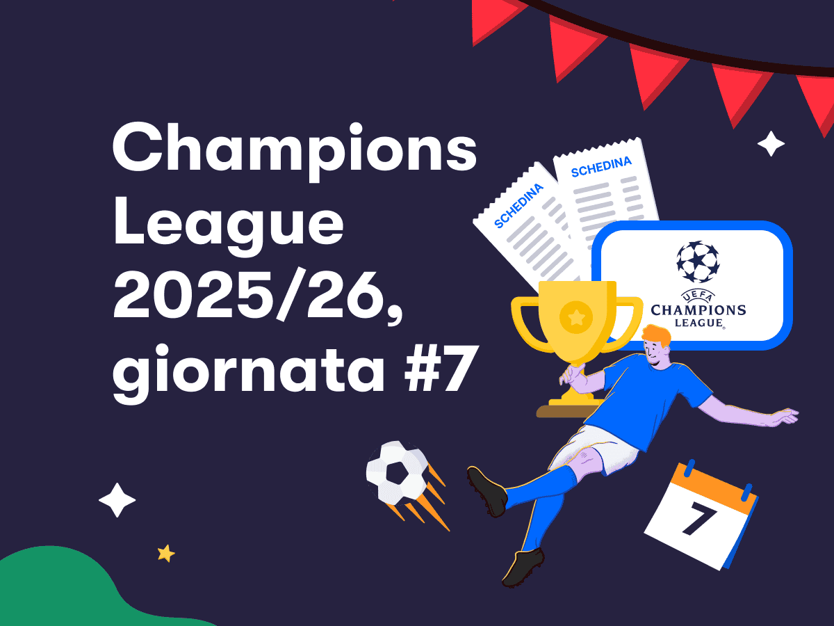 Champions League 2025/26, giornata #7, un calciatore in azione, una coppa, due schedine e il logo della Champions League
