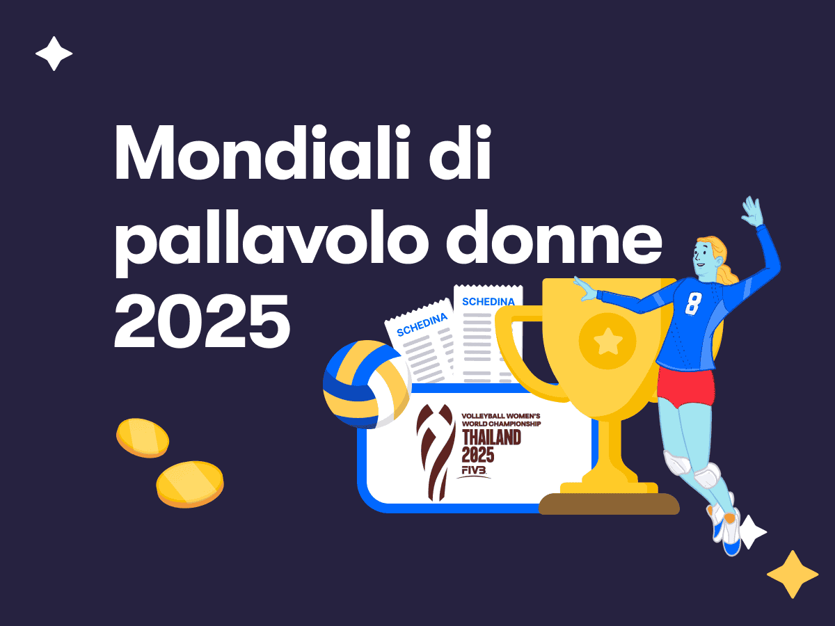 Mondiali di pallavolo donne 2025, una pallavolista in azione, il logo dei Mondiali di pallavolo Thailand 2025, una coppa e due schedine scommesse