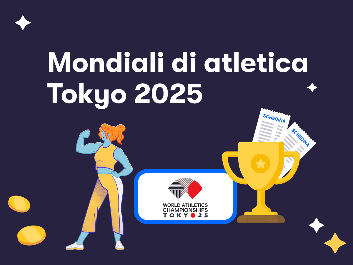 Mondiali di atlerica Tokyo 2025, un'atleta, il logo dei World Athletics Championships Tokyo 2025, una coppa e due schedine scommesse