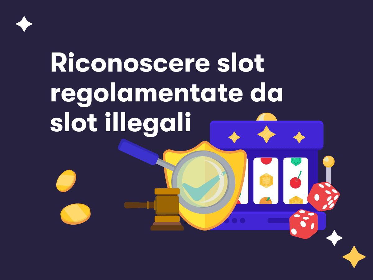 Riconoscere slot regolamentate da slot illegali, una slot machine, due dadi, un martelletto da giudice e una lente di ingrandimento