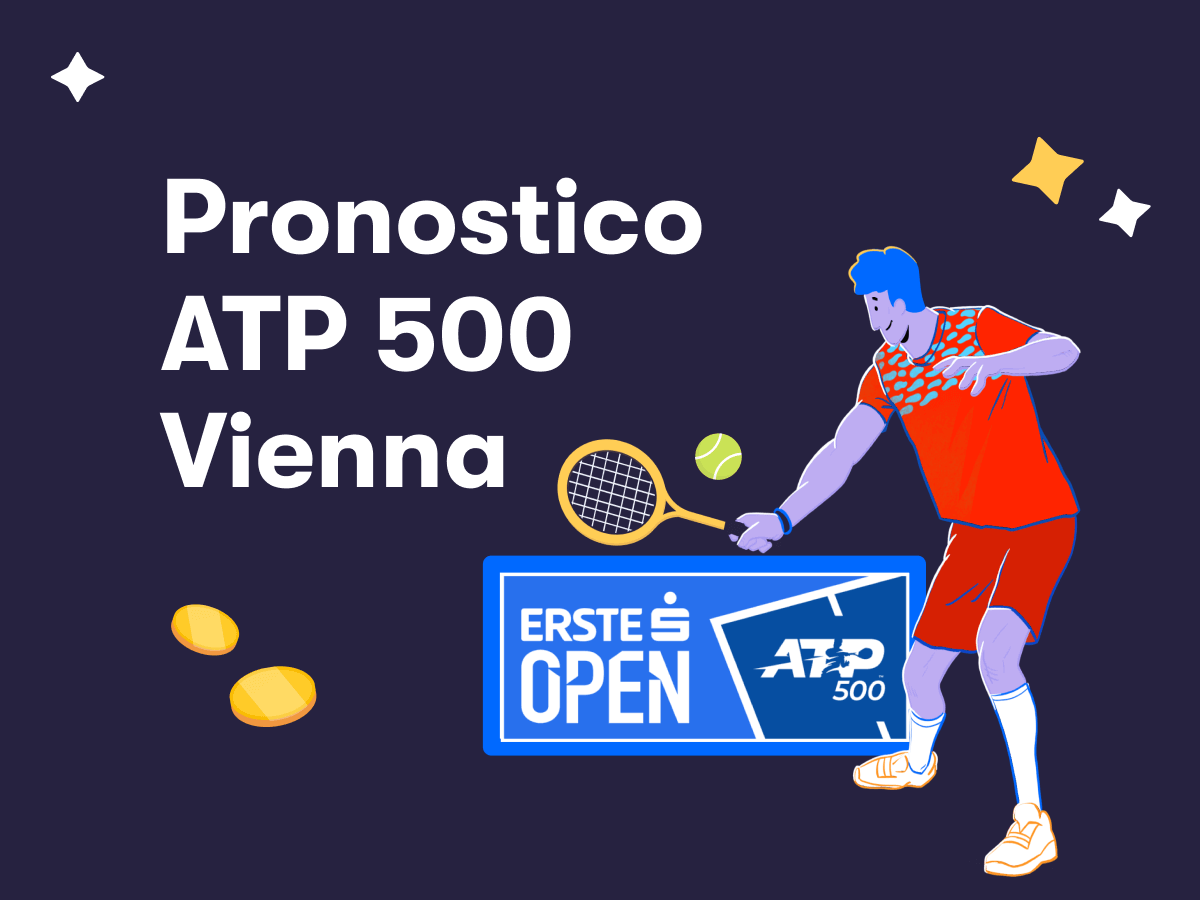 Pronostico ATP 500 Vienna, un tennista in azione, delle monete e il logo dell'Erste Open