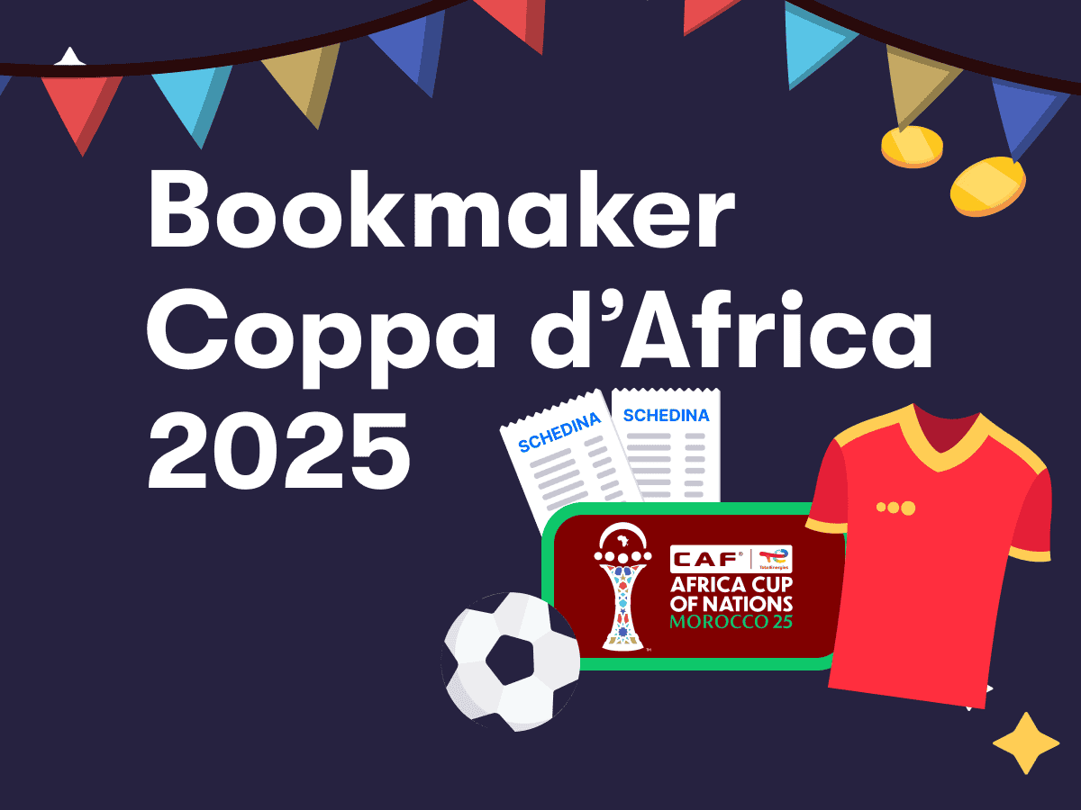 Bookmaker Coppa d'Africa 2025, il logo della CAF Africa Cup of Nations, un pallone da calcio, delle bandierine e due schedine scommesse