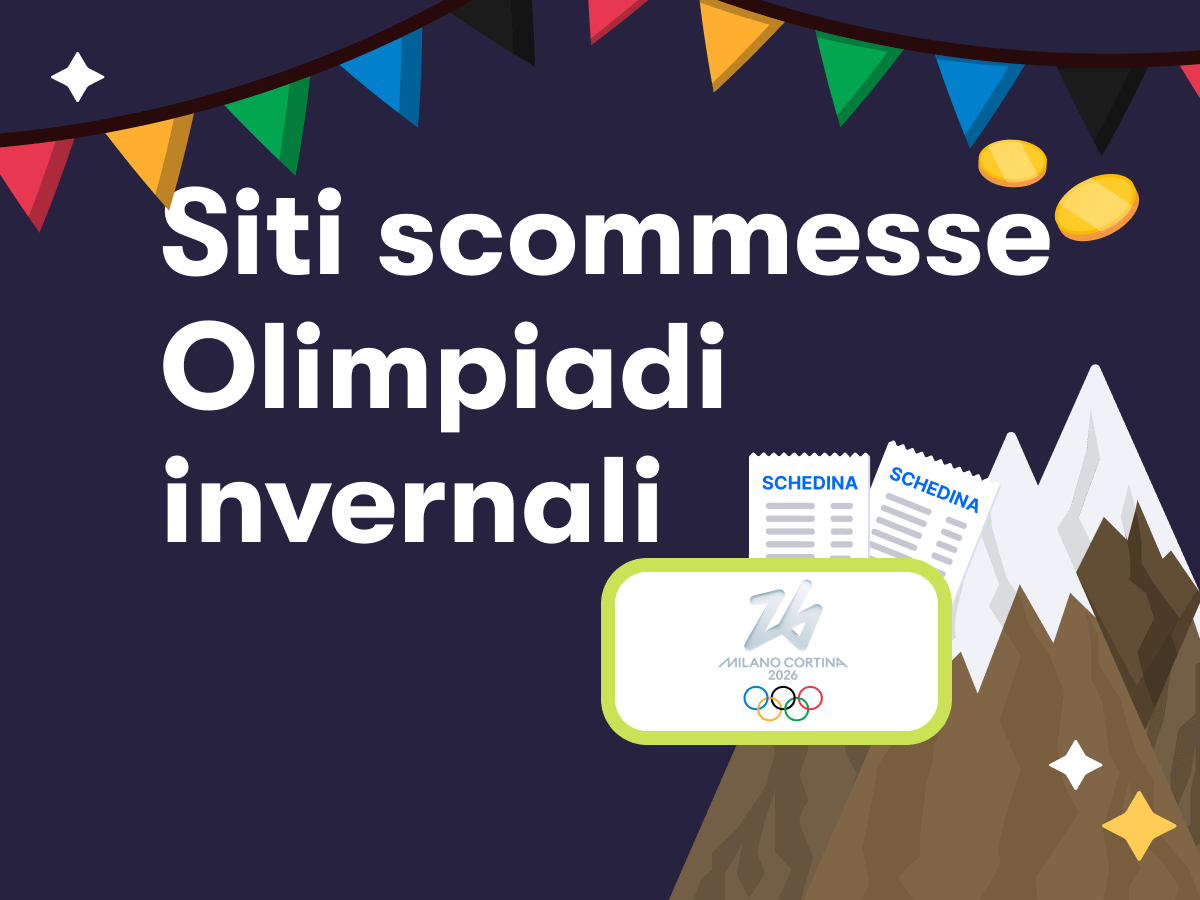Siti scommesse Olimpiadi invernali, il logo di Milano-Cortina 2026, delle montagne, delle bandierine, due schedine scommesse