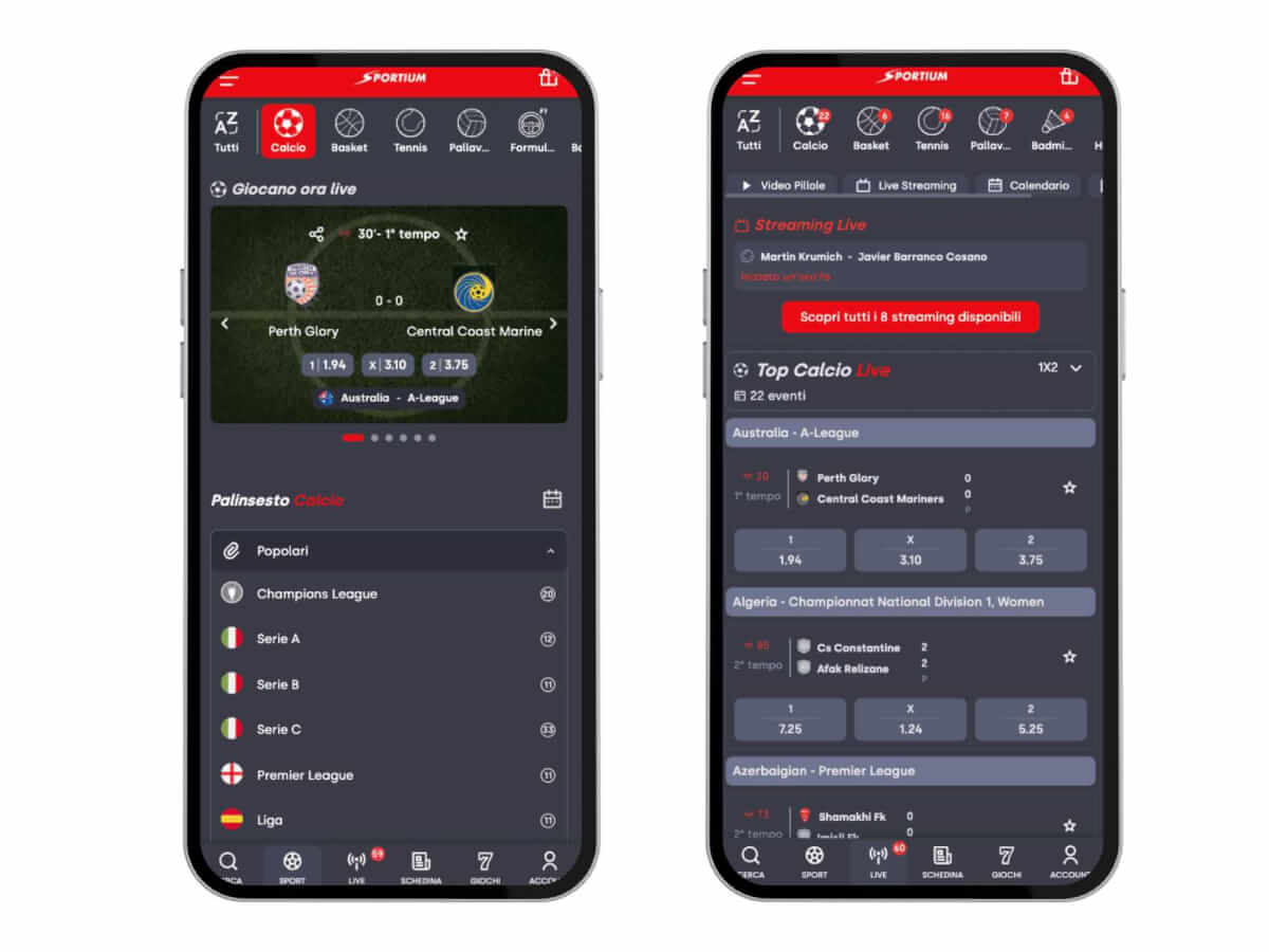 Due schermate di Sportium casinò mobile