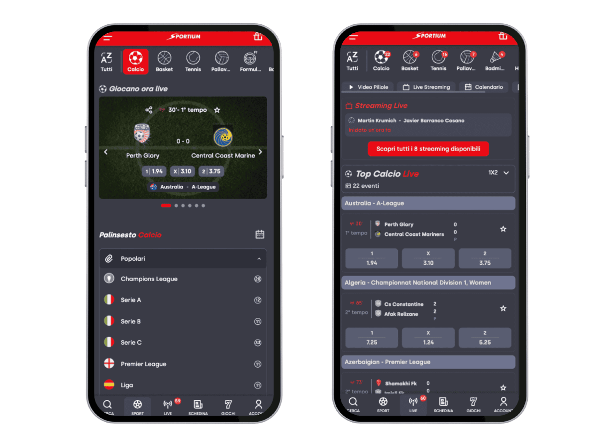 Due schermate di Sportium scommesse mobile