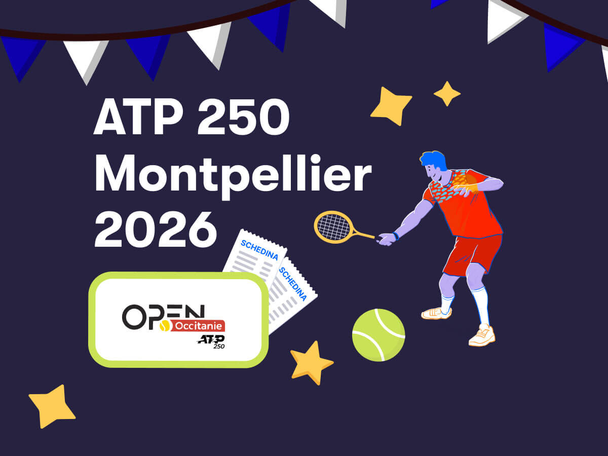 ATP 250 Montpellier 2026, un tennista, il logo del torneo
