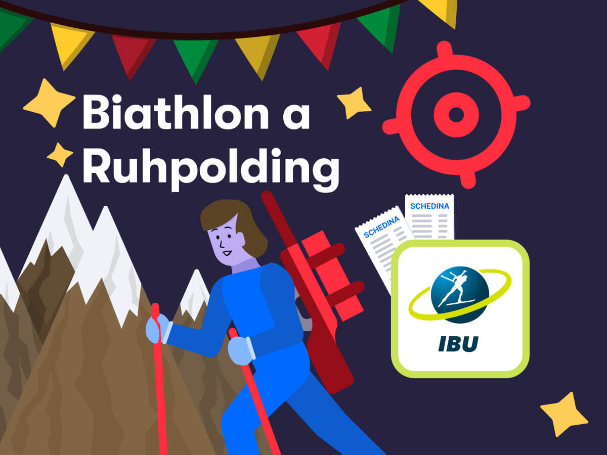 Biathlon a Ruhpolding, un biathleta in azione, il logo dell'IBU
