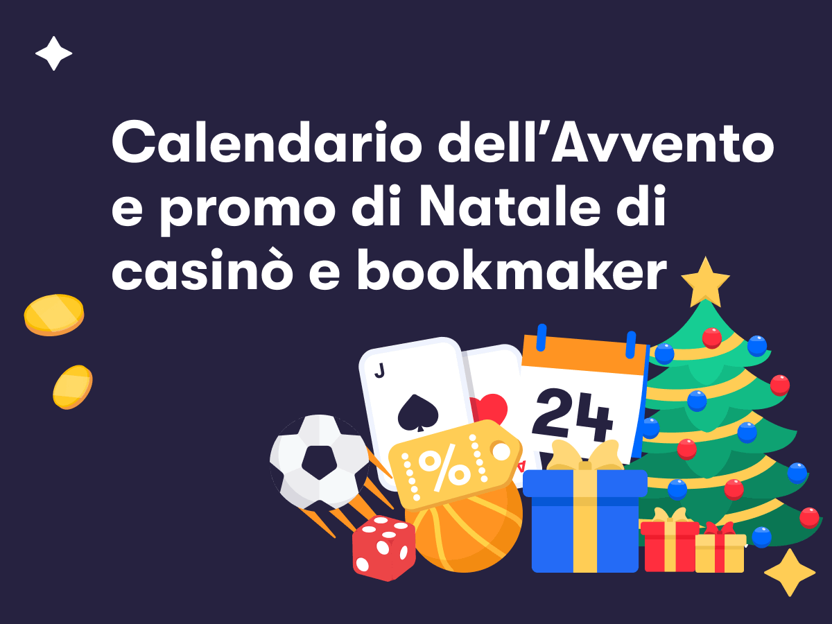 Un albero di Natale, pacchi dono, dadi, carte, palloni da basket e calcio e un calendario