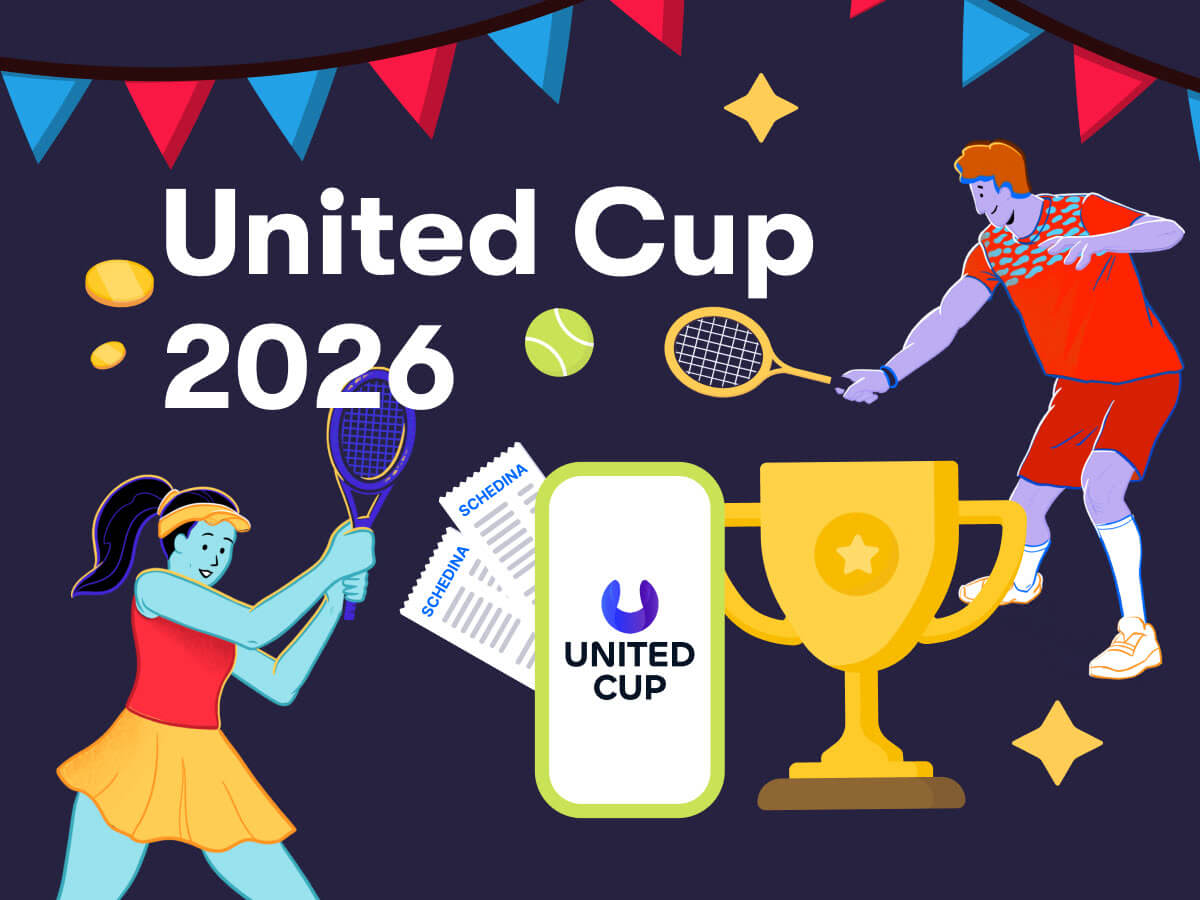 United Cup 2026, il logo del torneo, una coppa, due tennisti