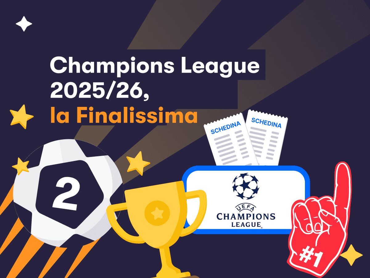 Il logo della Champions League, un trofeo, due schedine, un pallone con il numero 2 per la Finale