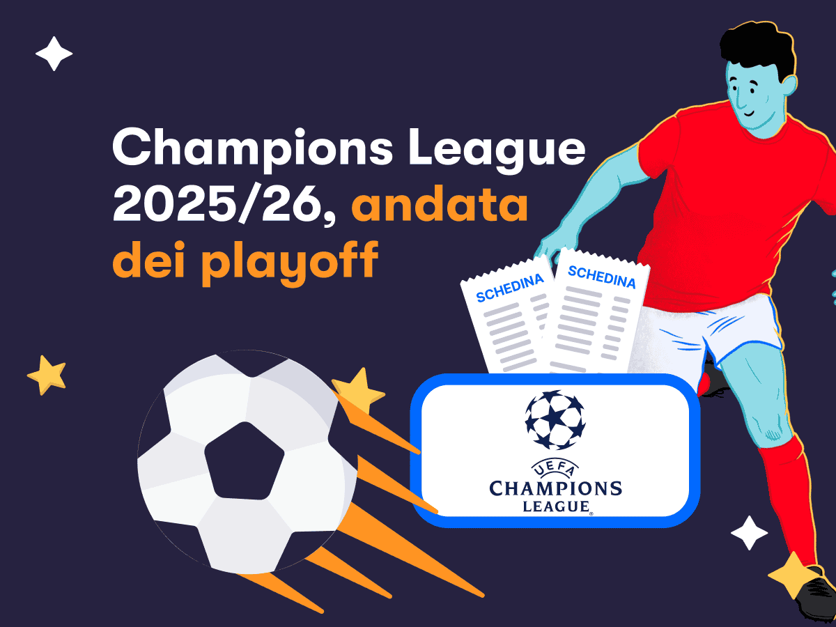 Il logo della Champions League, due schedine, un calciatore in maglia rossa in azione per l'andata dei playoff