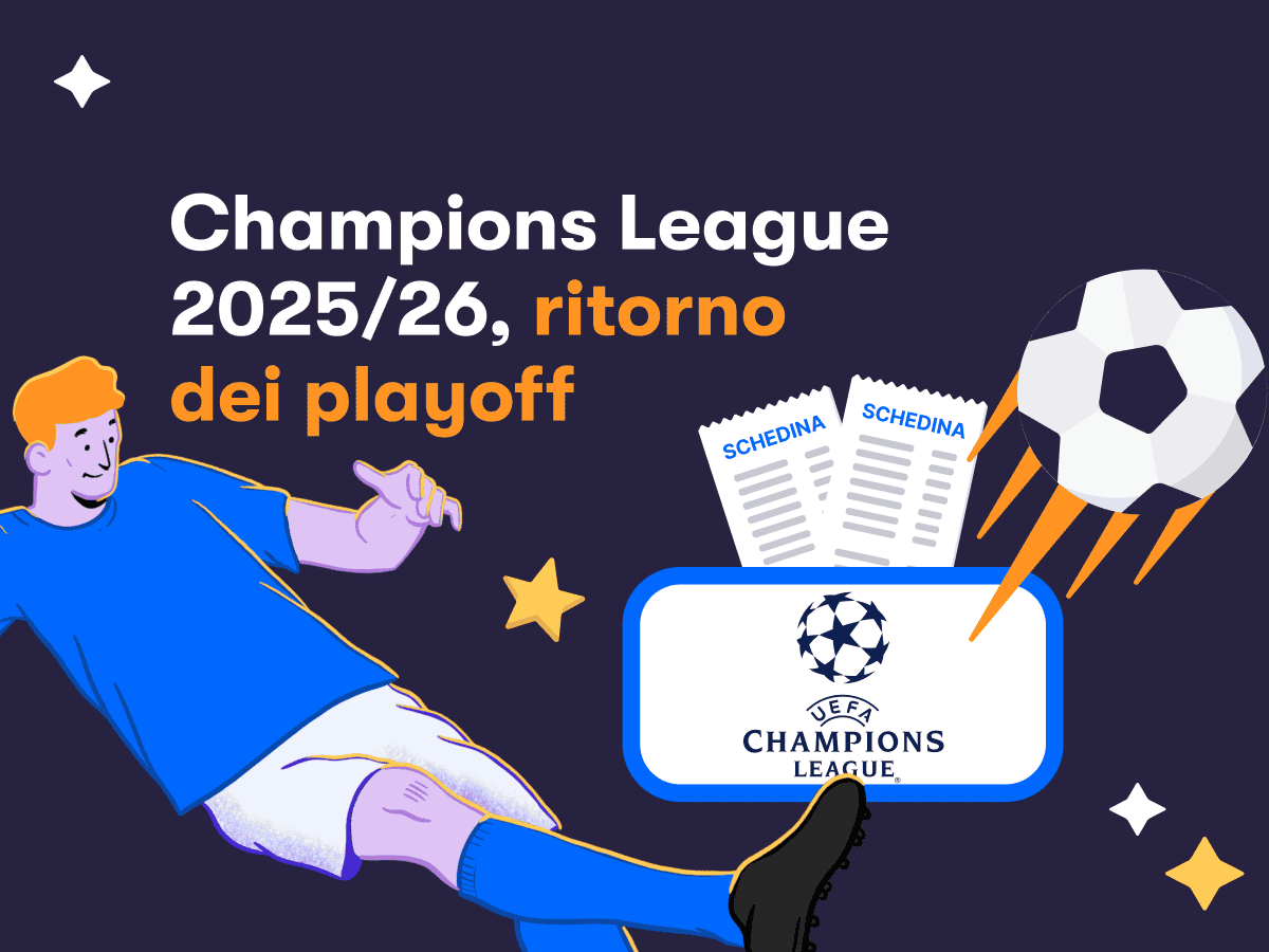 Il logo della Champions League, due schedine, un calciatore in maglia blu in azione per il ritorno dei playoff