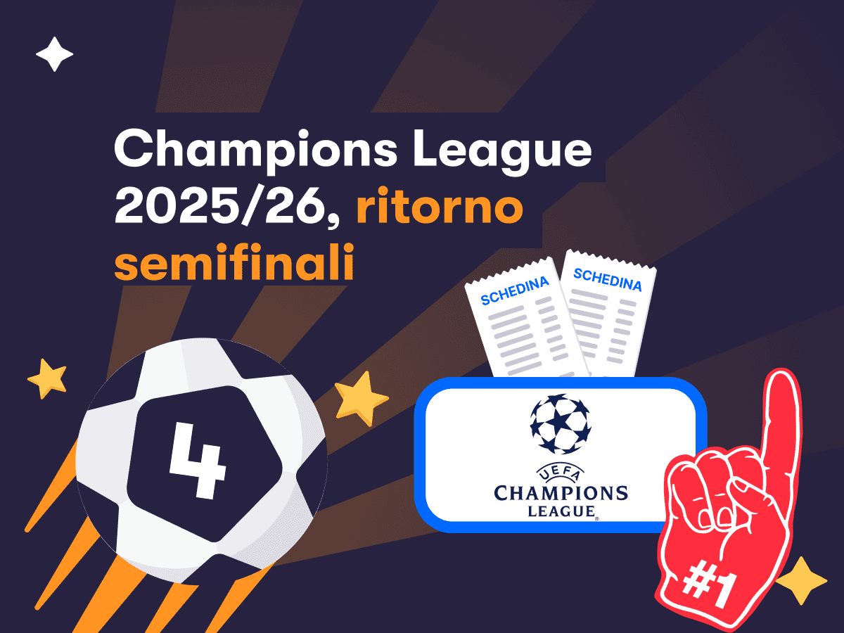 Il logo della Champions League, due schedine, un pallone con il numero 4 per le semifinali di ritorno