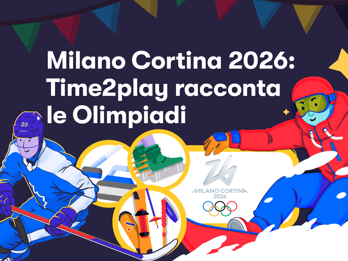 Milano Cortina 2026: Time2play racconta le Olimpiadi, il logo dei Giochi, uno skater e un giocatore di hockey, pattini, sci e attrezzi da curling