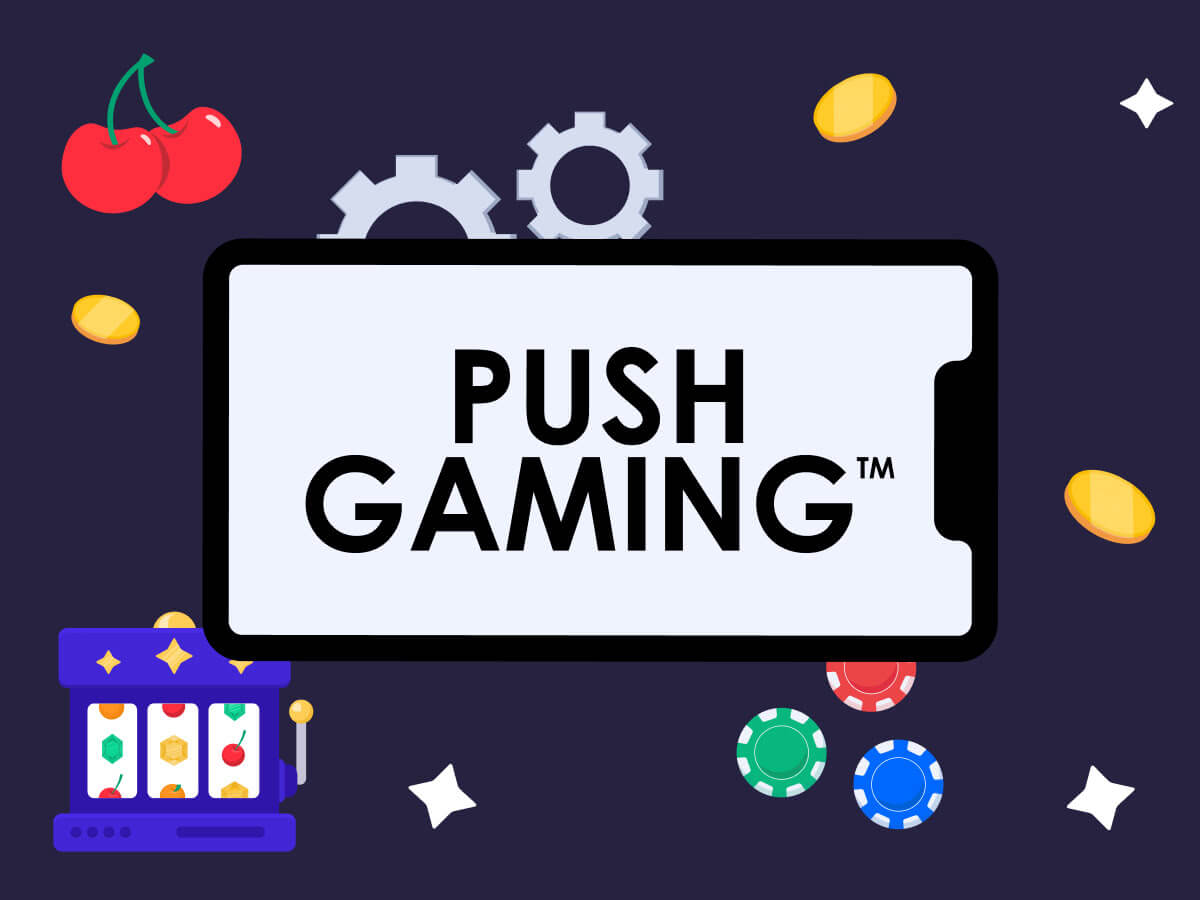 Il logo del provider si software casinò Push Gaming, delle ciliegie, una slot, delle fiches