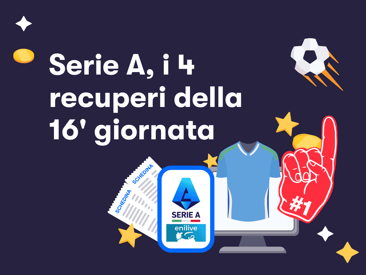 Serie A, recuperi della 16' giornata, un pallone da calcio, delle fiche, due schedine, il logo della Serie A, una maglia e una mano con lo schermo di un laptop