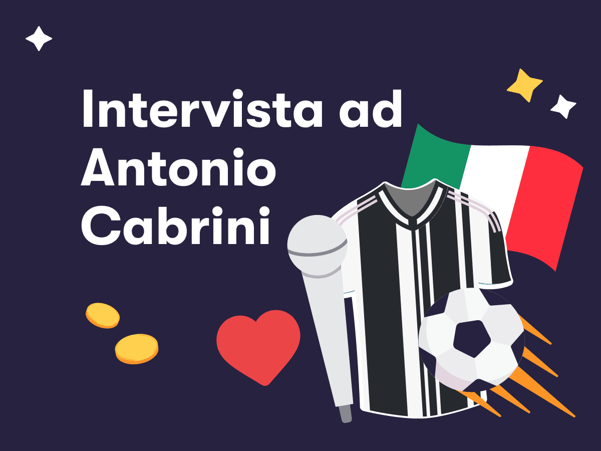 Intervista ad Antonio Cabrini, un microfono, un pallone da calcio, la bandiera dell'Italia, la maglia della Juventus