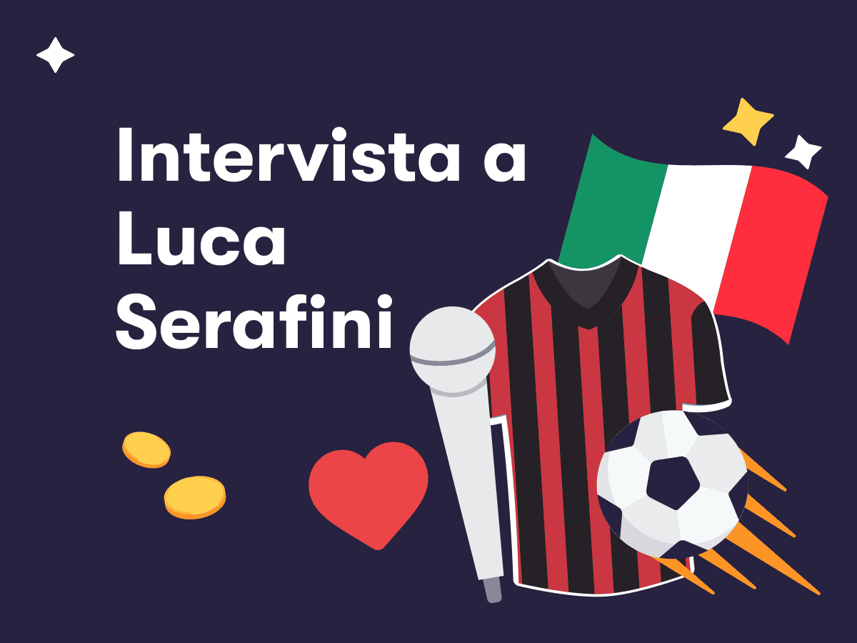Intervista a Luca Serafini, un microfono, la maglietta del Milan, la bandiera dell'Italia, un pallone da calcio