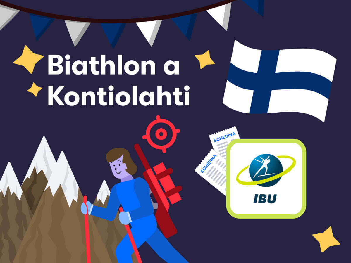Coppa del Mondo di biathlon a Kontiolahti, la bandiera della Finlandia, il logo dell'IBU, un biathleta in azione, delle montagne