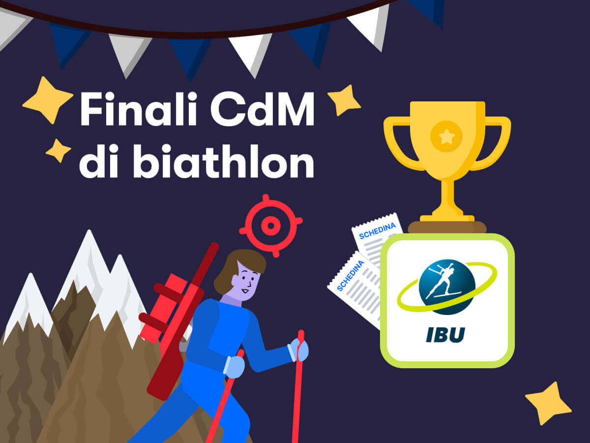 Finali di Coppa del Mondo di biathlon, una coppa, il logo dell'IBU, un biathleta in azione, delle montagne