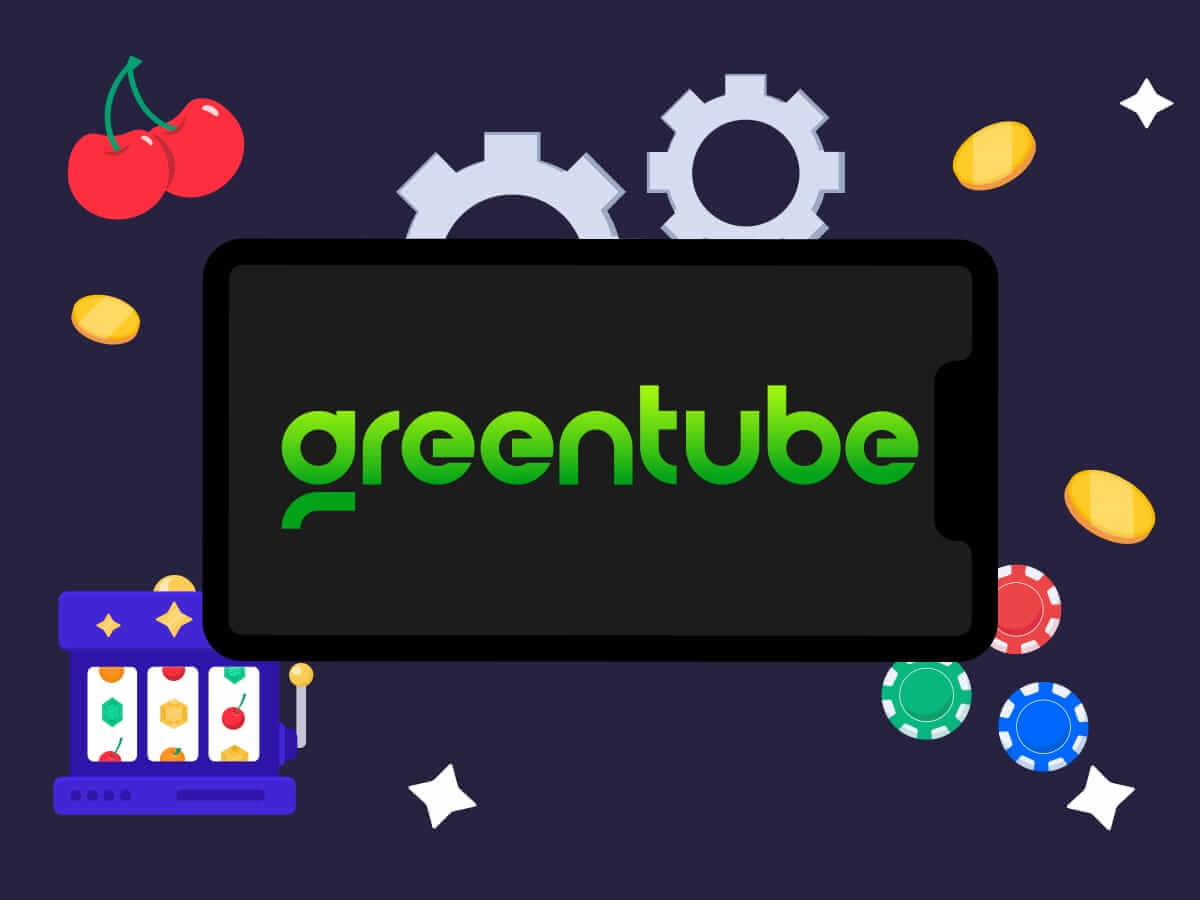 Il logo del produttore di software per casinò Greentube, una slot machine, delle fiches, delle ciliegie